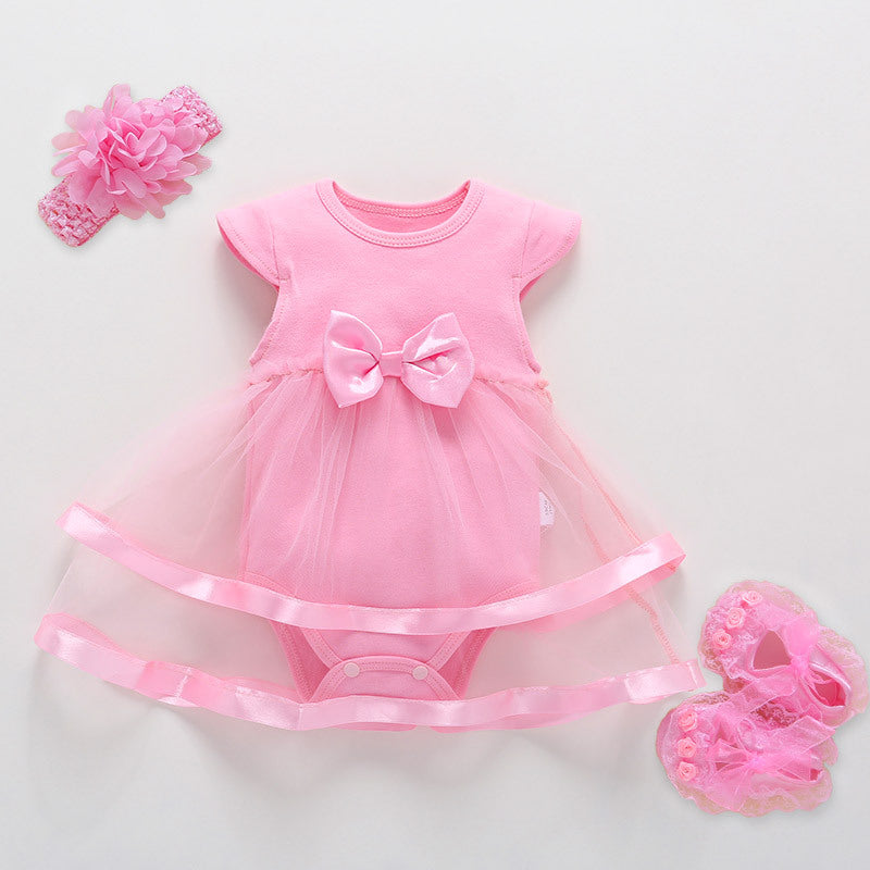 Baby Girl Pink Princess Dress Onesie with Matching Headband & Shoes - 3pc set