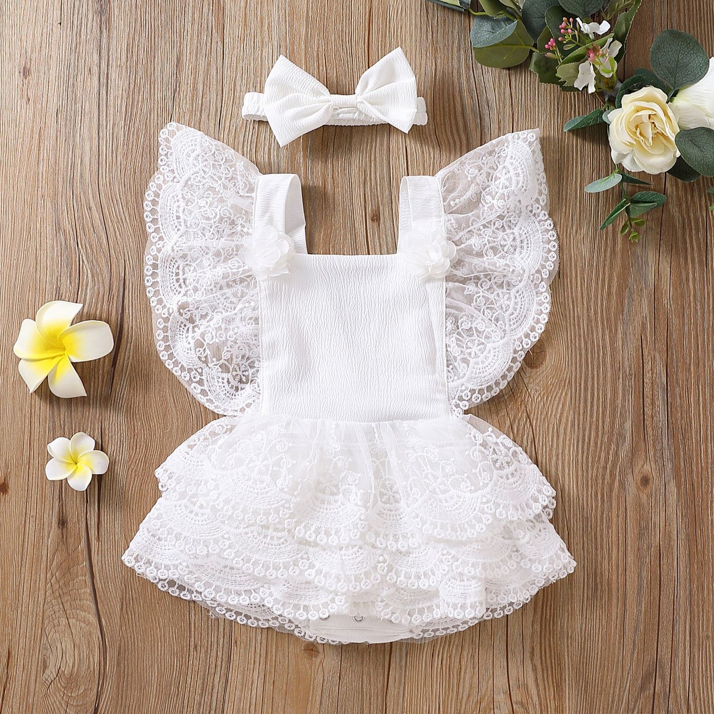 Baby Girl One-piece White Princess Dress with Matching Headband