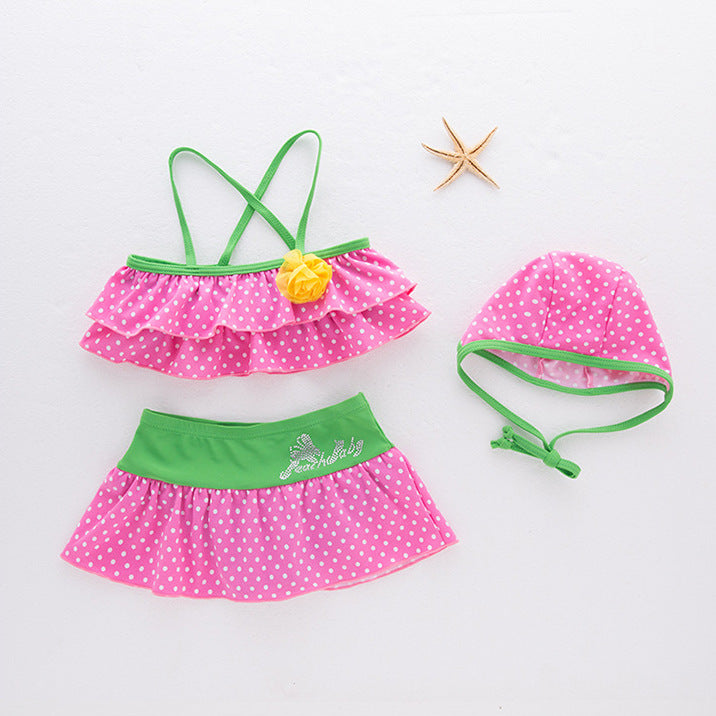 Pink Polka Dot Swimsuit & Swim Cap-3pc set