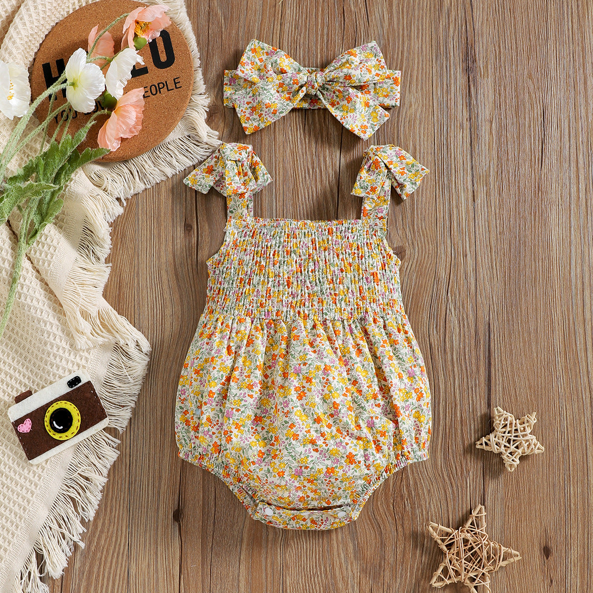 Yellow Floral Strap Romper with Matching Headband - 2pc set