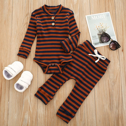 Long Sleeve Brown & Navy Stripe Top & Pants - 2pc set