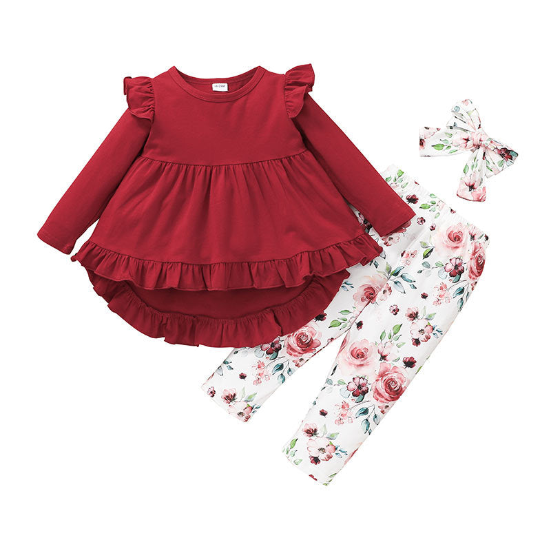 Girl's Red Long Ruffle Shirt with White Floral Pants & Matching Headband