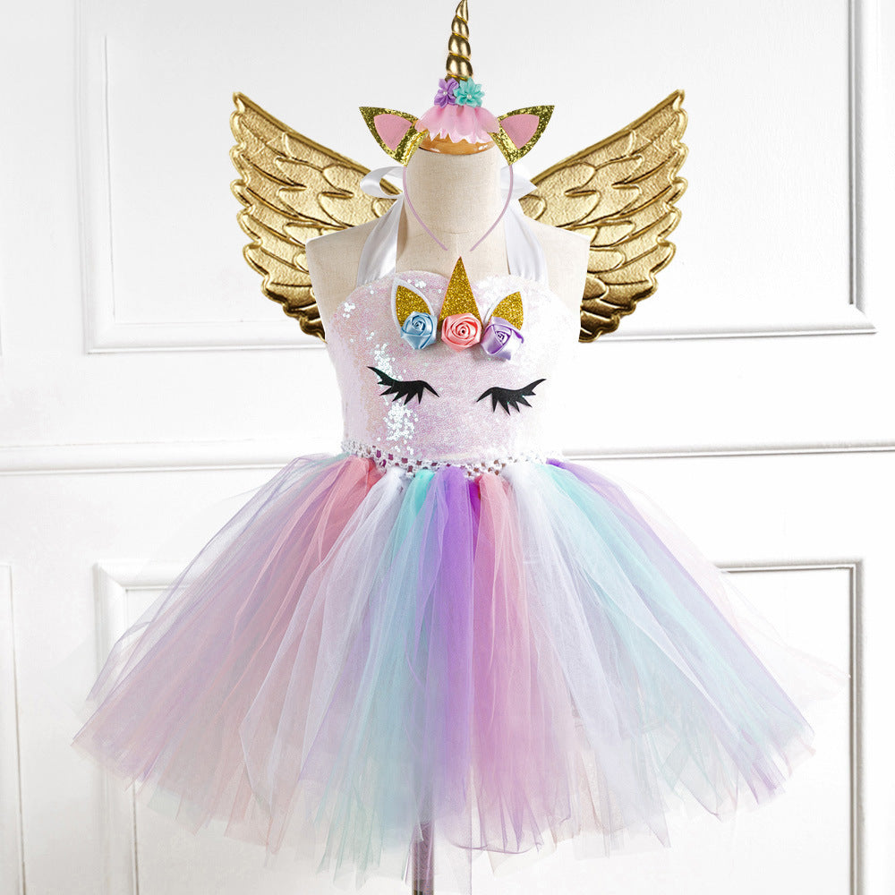 Girls Unicorn Rainbow Sequin Dress with Gold Wings