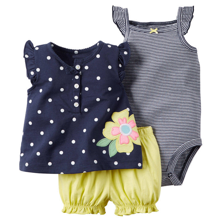 Girl's 3 pc set - Navy with Yellow Shirt. Onesie and Shorts
