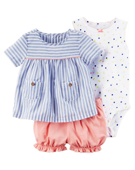 Girl's 3 pc set - Blue & White Shirt. Onesie and Pink Shorts