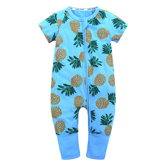 Short Sleeve One Piece Light Blue Pineapple Pajamas