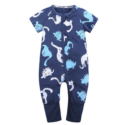 Short Sleeve One Piece Blue Dinosaur Pajamas