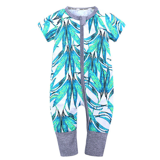 Short Sleeve One Piece Turquoise Leaves Pajamas