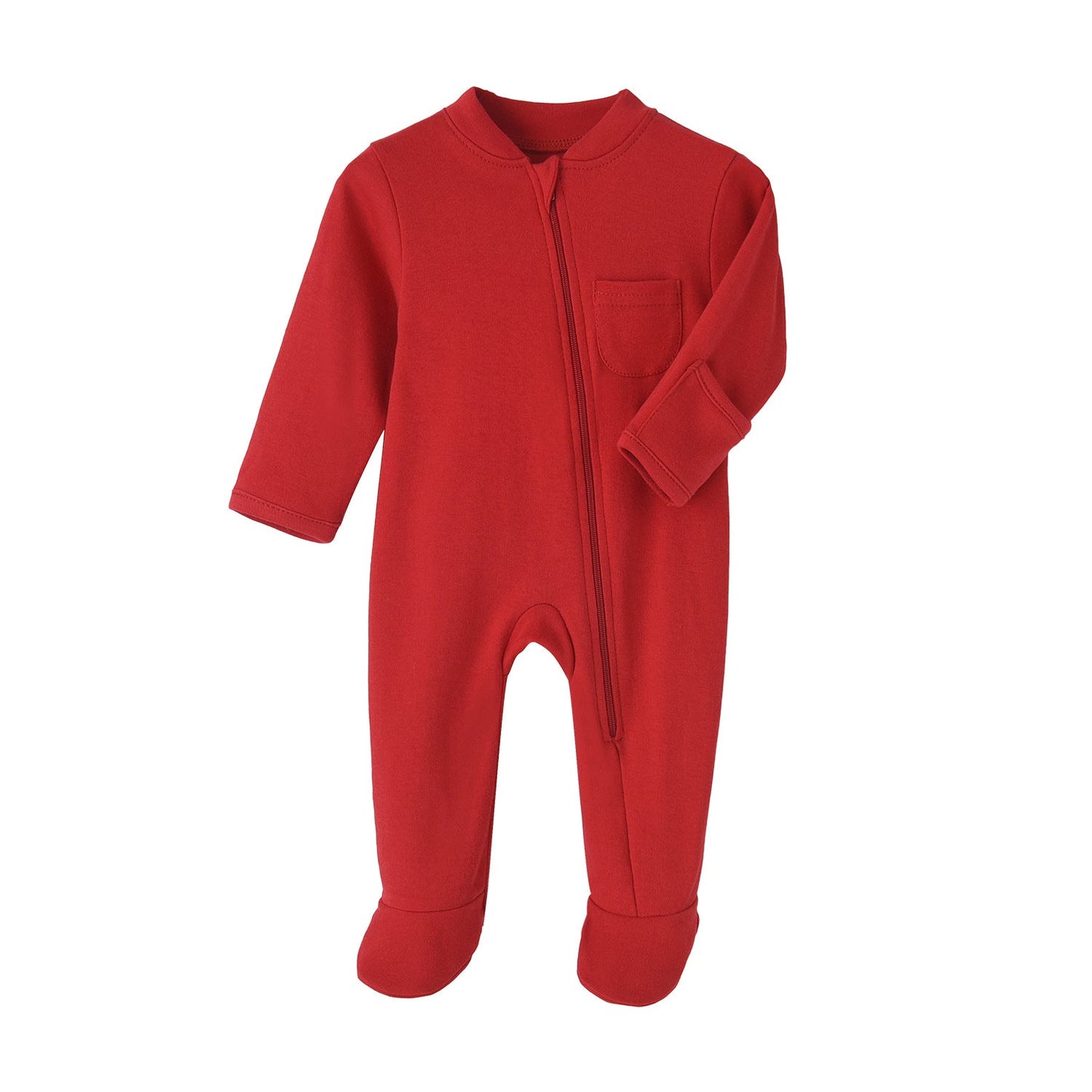 Red Cozy Long-Sleeve Pajamas with Front Pocket