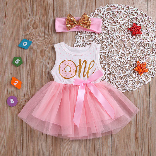 Princess "One" Birthday Sleeveless White & Pink Dress with Matching Headband