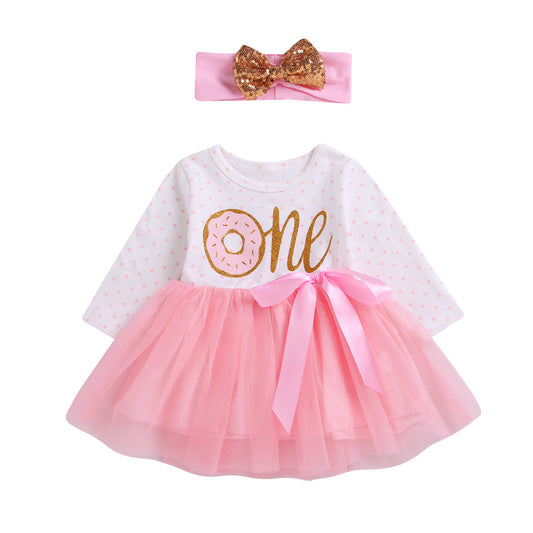 Princess "One" Birthday Long Sleeve White & Pink Dress with Matching Headband