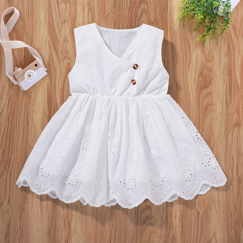Girl's White Lace Dress with Button detail