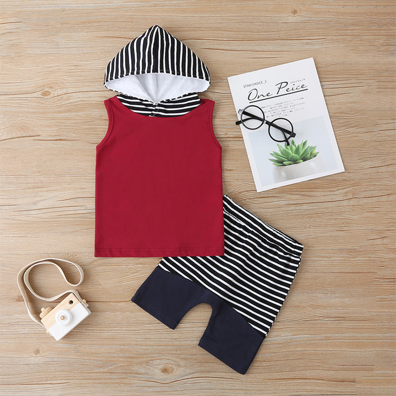 Red Sleeveless Hoodie Shirt & Striped Shorts - 2pc set