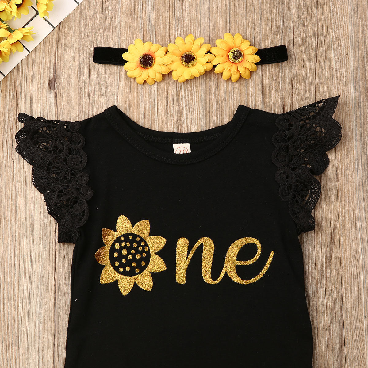 Birthday Complete Outfit -SunFlower Onesie with Tutu Dress & Headband - 3pc set