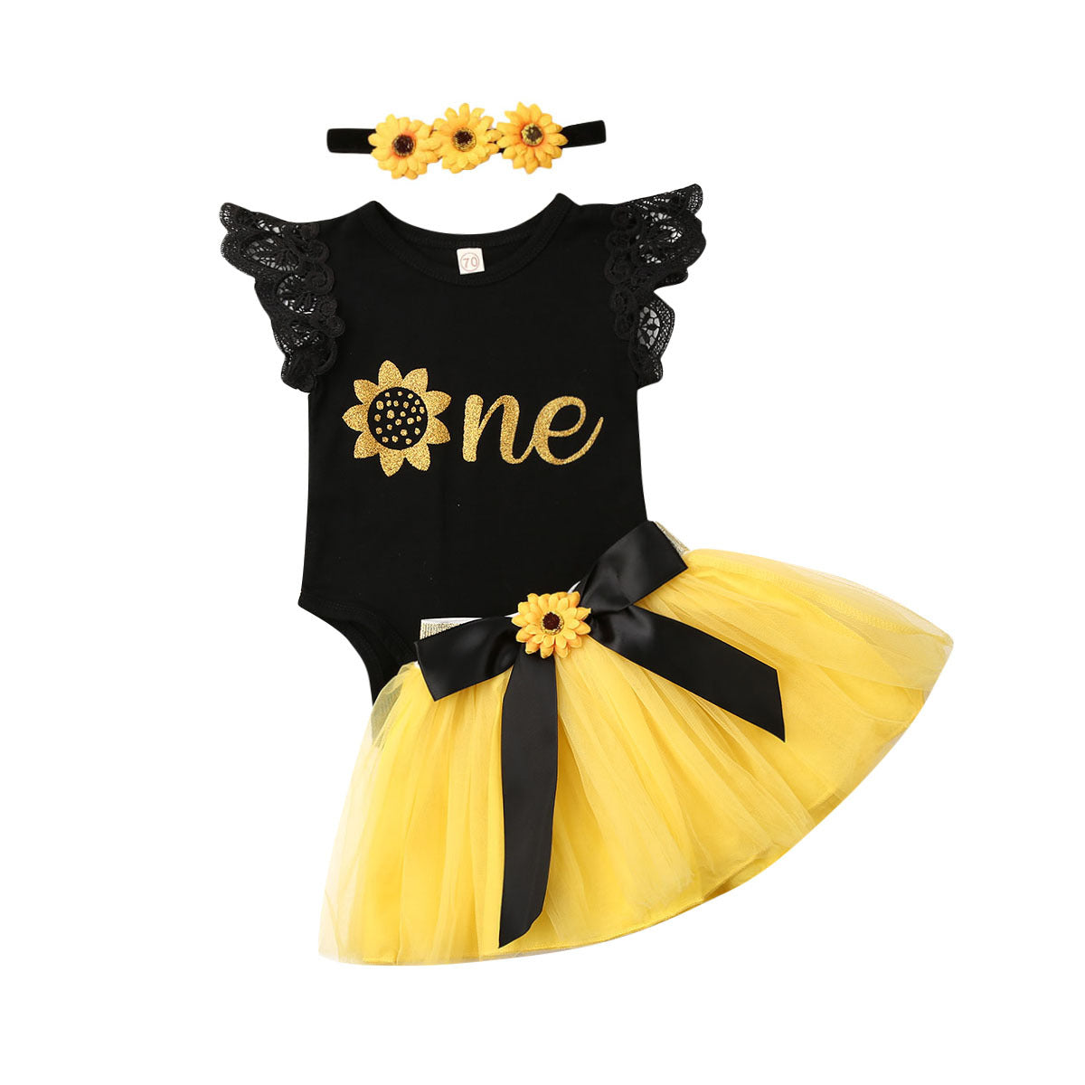 Birthday Complete Outfit -SunFlower Onesie with Tutu Dress & Headband - 3pc set