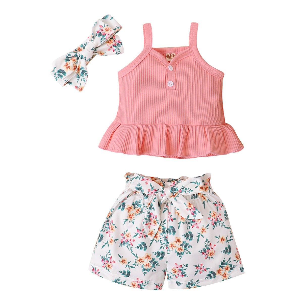 Pink Tank Top & Floral Shorts with  Headband - 3pc Set