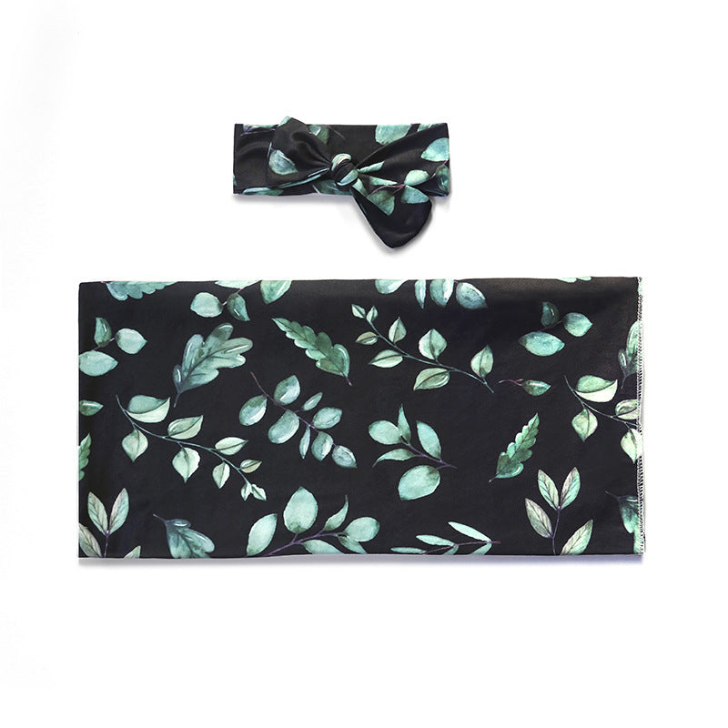 Black & Green Leaf Swaddle Blanket & Matching Headband