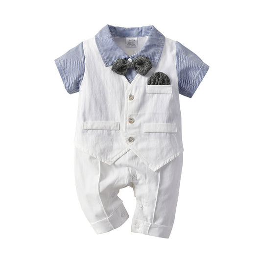 Boy's Blue Shirt White One-piece Gentleman Suit