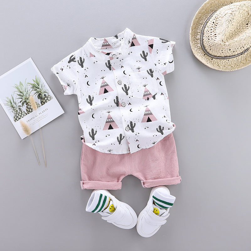 Boy's Pink Teepee & Cactus Short Sleeve Shirt & Shorts - 2pc set