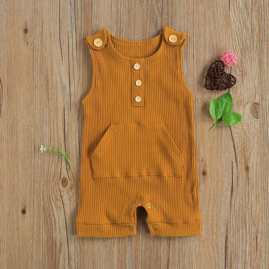 Comfy One-piece Brown Romper with Front Pocket & Button detail