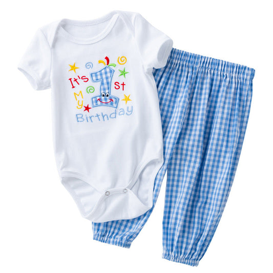 "It's My 1st Birthday" Embroidered Short-sleeve Onesie & Blue Plaid Trousers - 2pc outfit