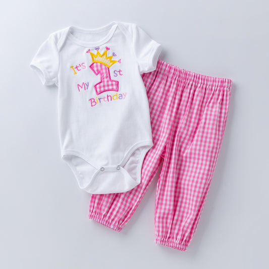 "It's My 1st Birthday" Embroidered Short-sleeve Onesie & Pink Plaid Trousers - 2pc outfit