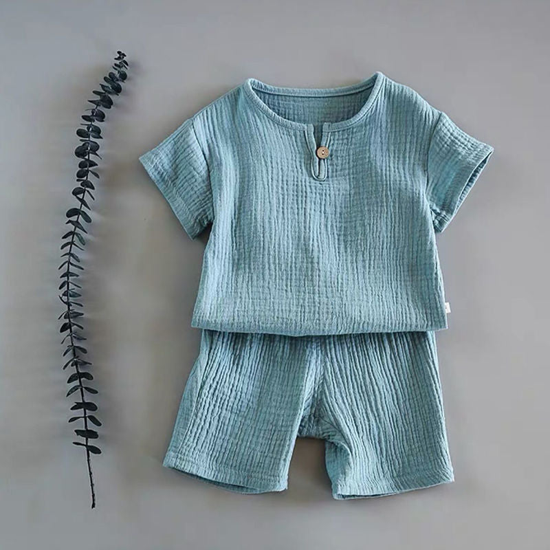 Blue Cotton Linen Short Sleeve Shirt & Shorts - 2pc outfit