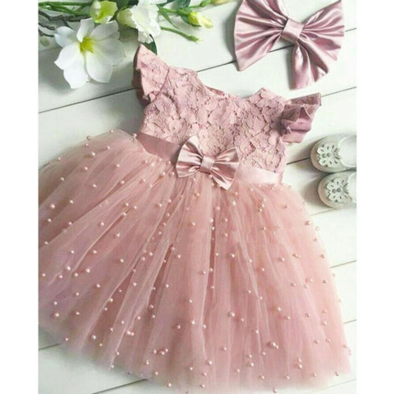Girl's Pink Mesh Bow & Lace Dress