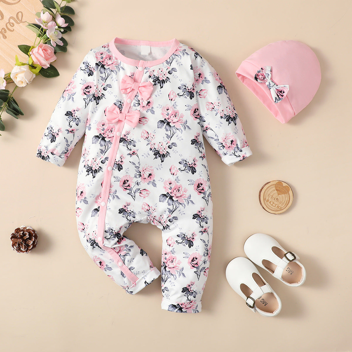 Baby Girl Pink One-piece Outfit with Hat