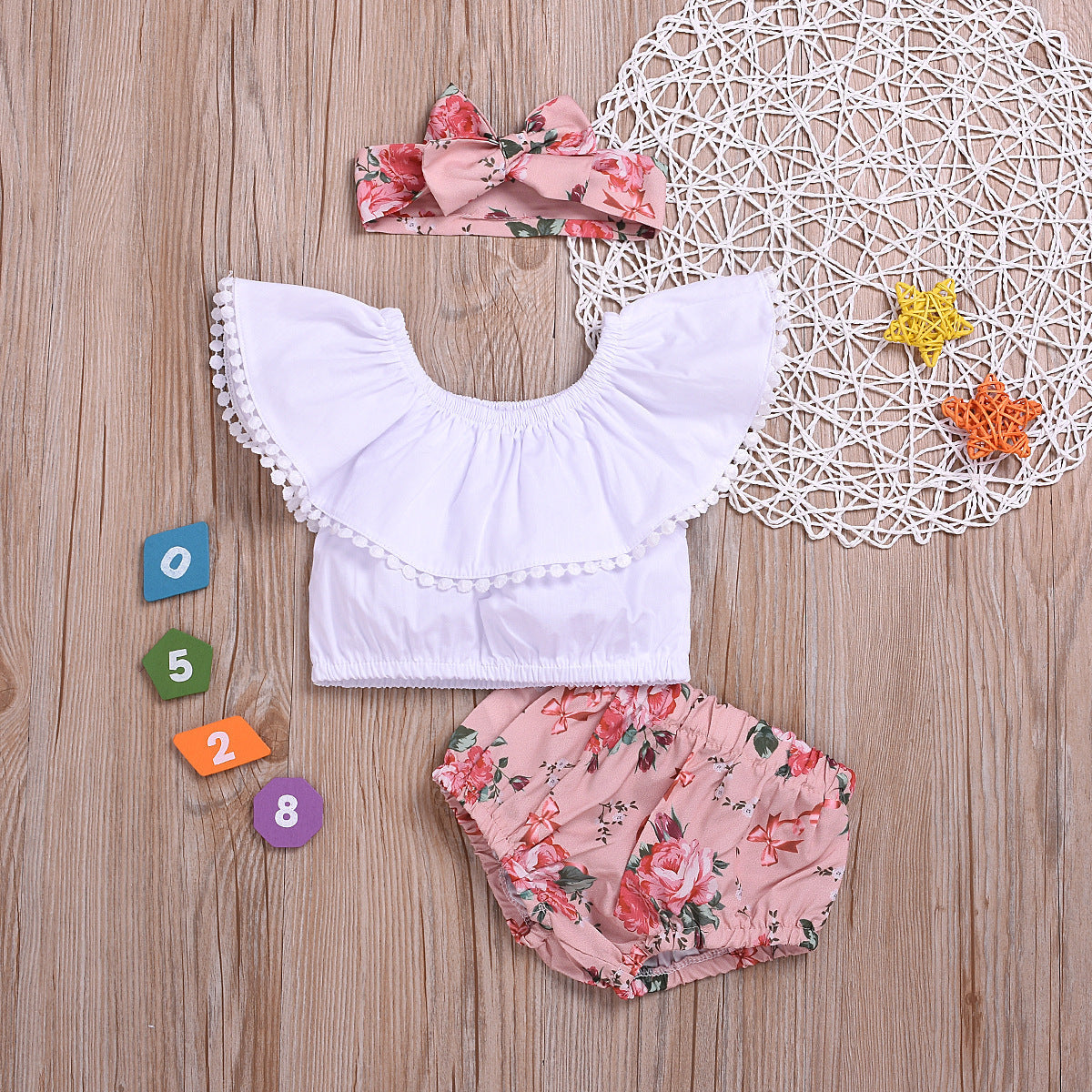 Baby Ruffle Top with Pink Floral Shorts & Matching Headband