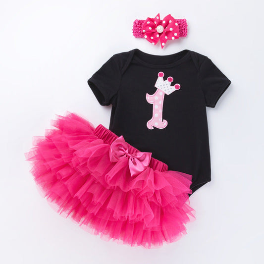 1st Birthday Outfit - includes Onesie, Skirt & Headband - 3pc set