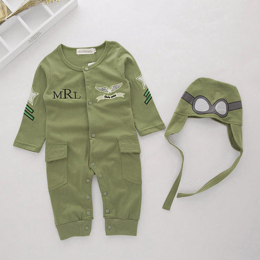 Boys' Long-sleeve Army Green Aviator Romper with Hat