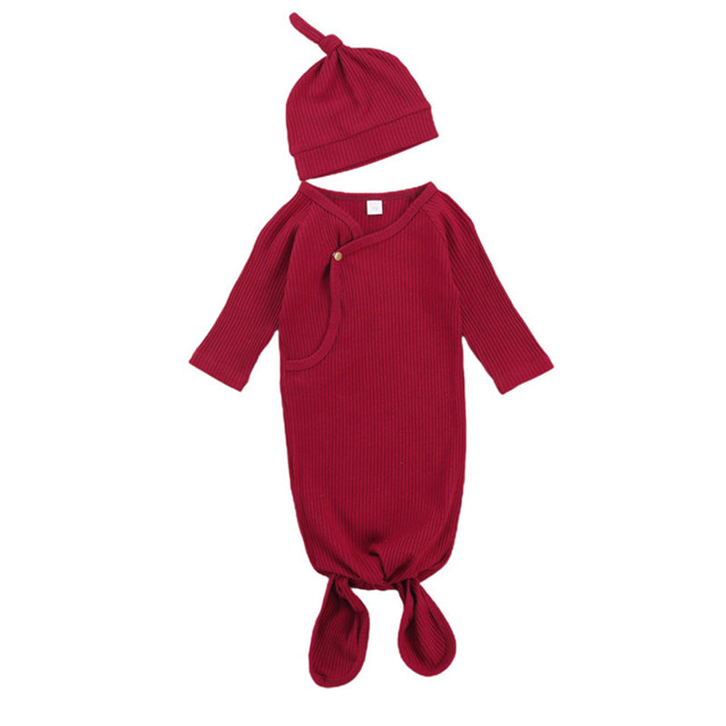 Cotton Newborn Gown with Matching Cap in Dark Red