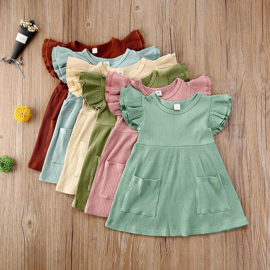 Girls' Cotton Ruffle Sleeve & Pocket Dress - different colors available