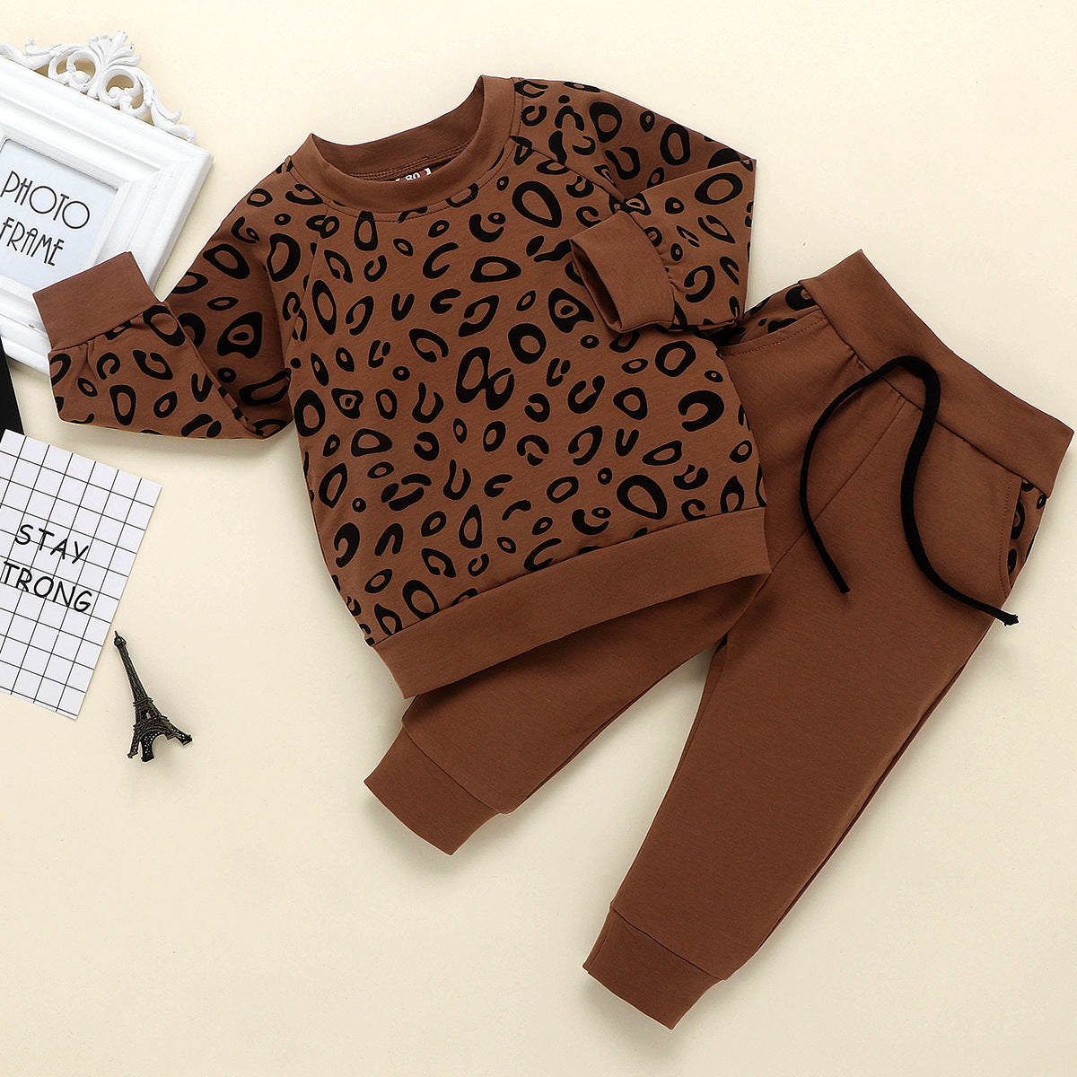 Brown Leopard Print Top & Solid Color Pants Set