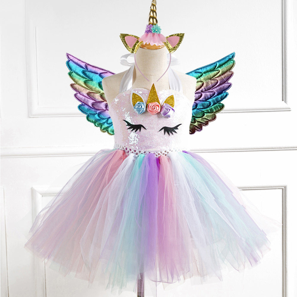 Girl's Unicorn Rainbow Sequin Dress with Rainbow Wings