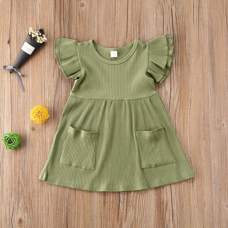 Girls' Cotton Ruffle Sleeve & Pocket Dress - different colors available