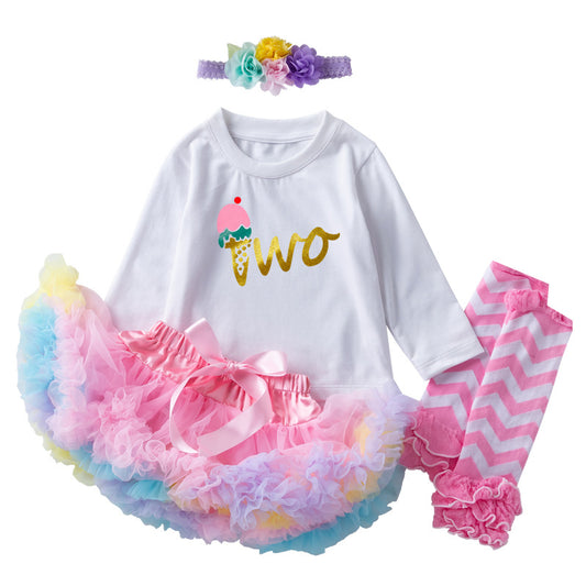 2nd Birthday Complete Outfit -Shirt, Skirt, Headband, & Pink & White Leg Warmers