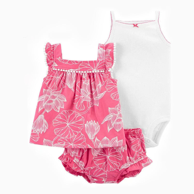 Baby Girl Pink Floral 3 pc Set - includes T-shirt, Onesie & Shorts