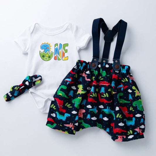 Boy's 1st Birthday Outfit Romper Overalls & Bowtie -3pc Set