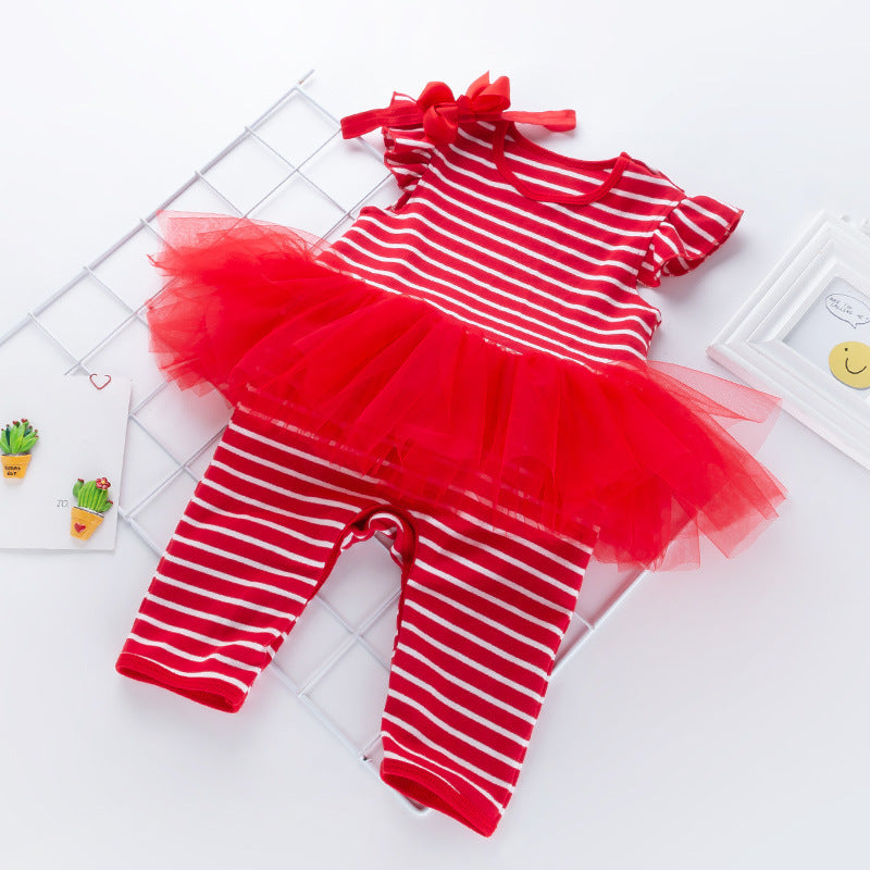 Baby Girl Cotton Striped One-piece Red Tutu Outfit