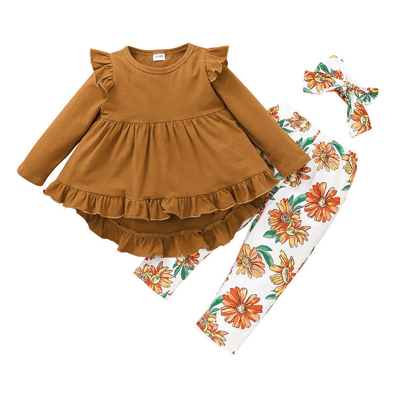 Girl's Brown Long Ruffle Shirt with White Floral Pants & Matching Headband