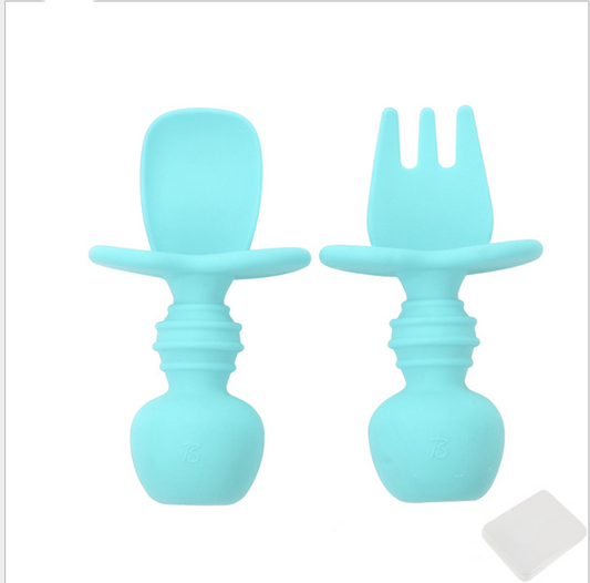 Soft Silicone Bright Blue Fork & Spoon Set