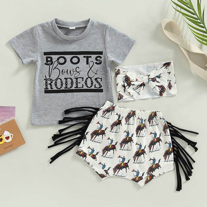 "Boots, Bows & Rodeos" t-shirt with Tassel Horse Shorts & Headband -3pc set