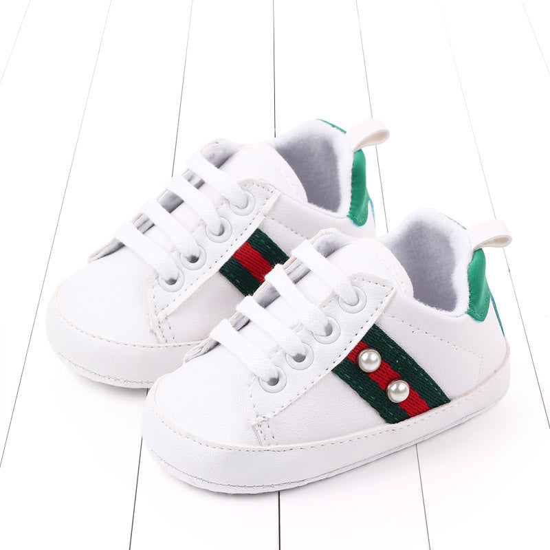 Baby White Sneakers with Green & Red Stripe