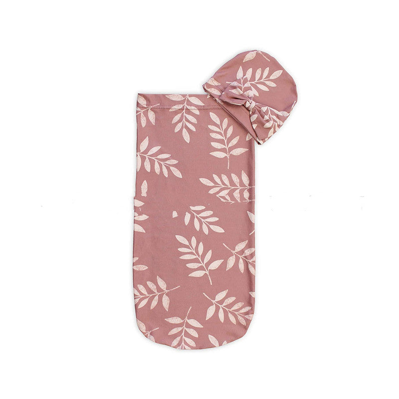 Pink Leaves Baby Swaddle with Matching Hat -0-3 Months