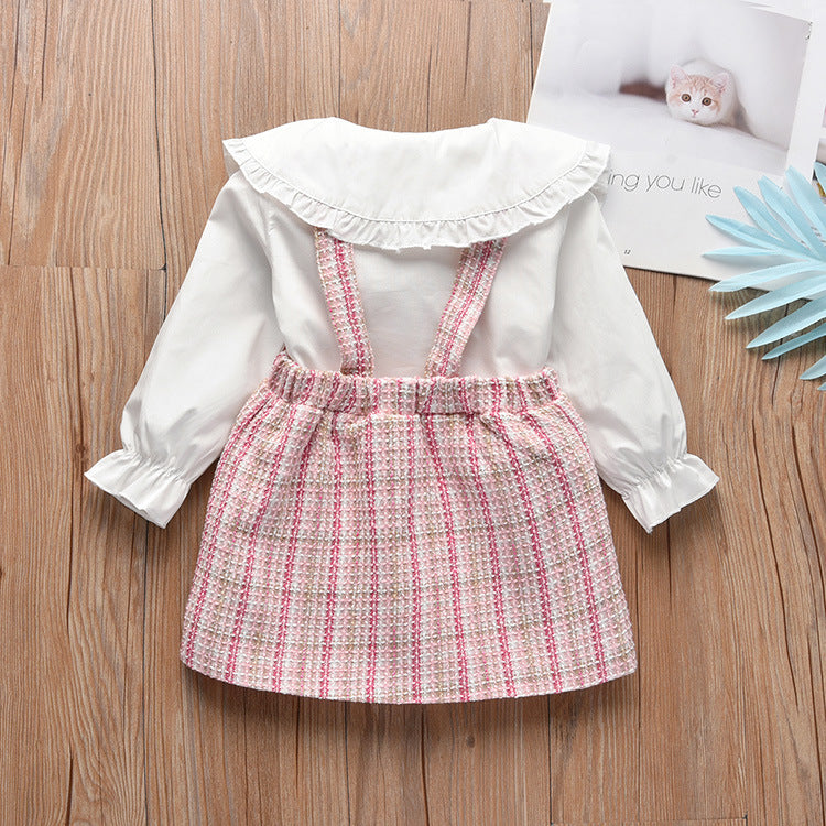 White Big Collar Shirt with Pink Plaid Overall Skirt - 2pc set outfit