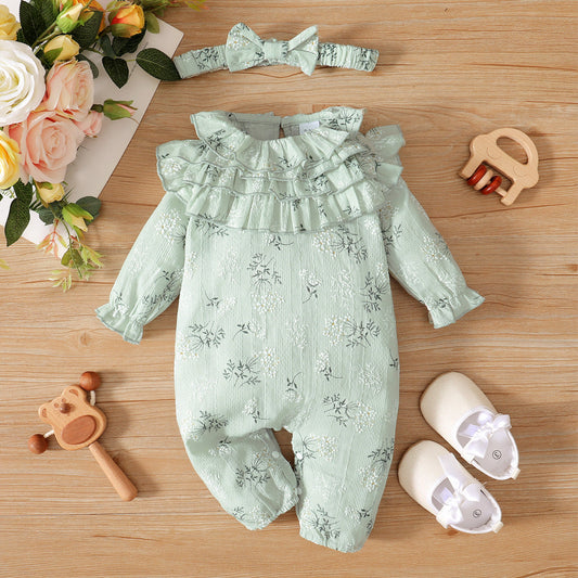 Girl's Floral Lotus Collar Light Green Jumpsuit with Headband