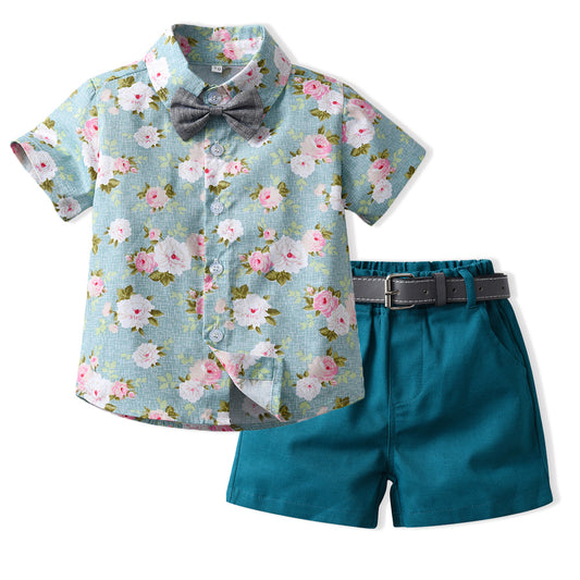 Boy's Flower Short-sleeve Shirt with Bowtie & Shorts