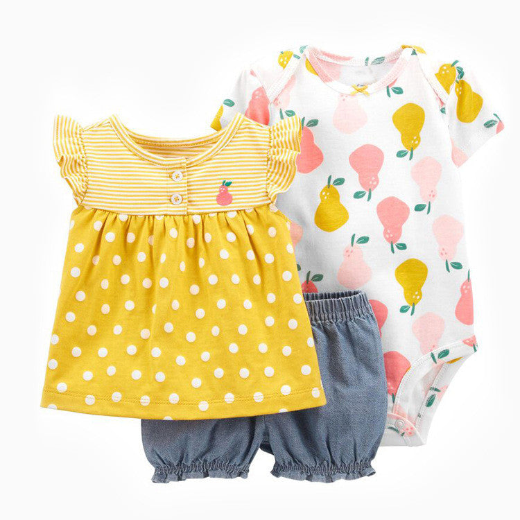 Baby Girl Yellow Pears 3 pc Set - includes T-shirt, Onesie & Shorts